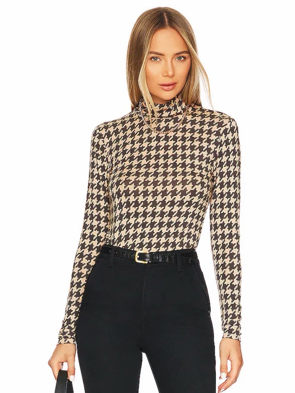 Sanctuary Slinky Mock Turtleneck Top in Java Houndstooth shirt